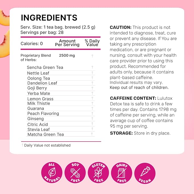 LULUTOX Detox Tea - Herbal Blend with Dandelion, Ginseng, and Ginger - Supports A Healthy Weight, Digestive Health - Vegan, All Natural, Laxative-Free - Peach Flavor (28 Servings)