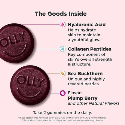 OLLY Glowing Skin Gummy, Hydrated & Youthful Skin,* Hyaluronic Acid, Collagen Peptides, Sea Buckthorn, Plump Berry Flavor, 25 Day Supply - 50 Count (Pack of 2)