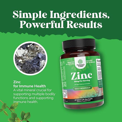 Zinc 50mg Immune Support Supplement - Zinc Complex Supplement for Immune System and to Enhance Hair Skin and Nails Vitamins - Easy to Swallow Potent Daily Tablets for Adults - 60 Count