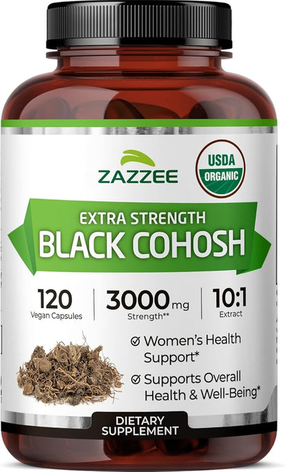 Zazzee USDA Organic Black Cohosh 10:1 Extract, 120 Vegan Capsules, 4 Month Supply, Actaea Racemosa, Women’s Health & Hormonal Balance Support, All-Natural, Non-GMO, Made in the USA