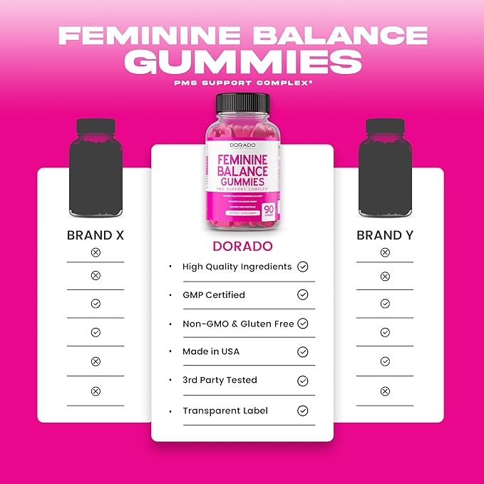 Feminine Balance For Women Gummies & PMS Gummies (90 Count) - Natural Feminine Balance for Women - Cramps, Bloating, Mood Swings, Hot Flashes - Formulated with Cranberry, Dong Quai & Chasteberry