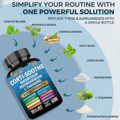 Corti-Soothe Cortisol Supplement for Women and Men with Magnesium Glycinate 200mg, L-Theanine 150mg, Phosphatidylserine 50mg & Manager Holy Basil Ginkgo Biloba Bacopa Monnieri Valerian 60 Capsules