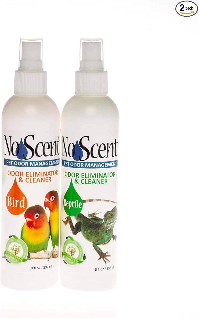 No Scent – Bird & Reptile - Safe, Effective Waste Odor Control Spray for Cages, Aviaries, Terrariums, and Enclosures, Multi-Pack, (Contains 2 8oz. Bottles - 1 Bird & 1 Reptile)