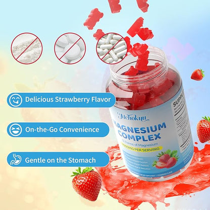 Magnesium Complex Gummies 1000mg | 12-in-1 Magnesium Complex Supplement with Glycinate, Citrate, Malate & Taurate Supports Muscle Function, Bone Health, Rest & Relaxation – Strawberry, 120 Count
