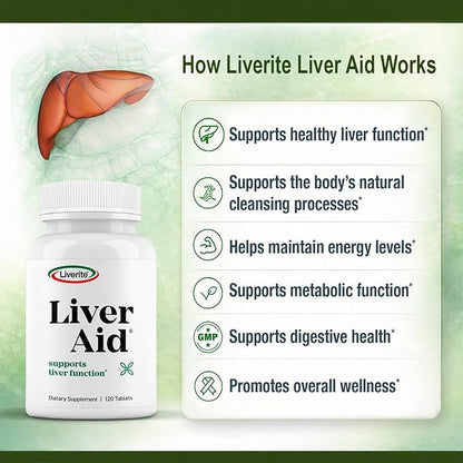Liverite Liver Aid 120 Tablets, Supports Healthy Liver Function, Cleansing, Energy & Daily Wellness