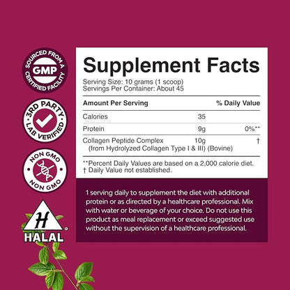 Natures Craft Multi Collagen Protein Powder for Women and Men - Keto Hydrolyzed Collagen Peptides 45 Servings Hair Skin and Nails Vitamins - Unflavored Bovine Type 1 3 for Bone Joint Support - 454g