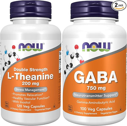 NOW Foods Supplements, L-Theanine 200 mg with Inositol, Stress Management*, 120 Veg Capsules with Now Supplements, GABA (Gamma-Aminobutyric Acid) 750mg, 100 Veg Capsules
