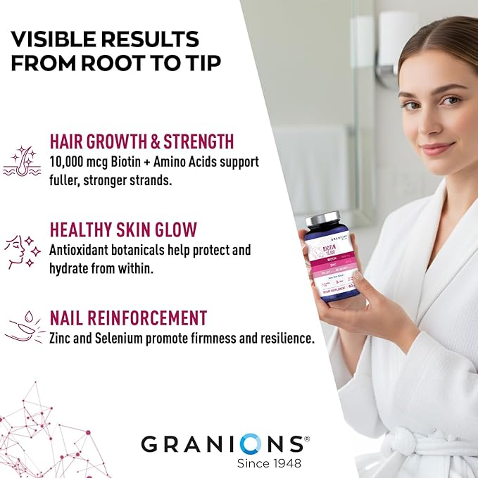 Granions Biotin 10,000 mcg Hair, Skin and Nails Pills - Extra Strength Biotin Complex with Zinc, Selenium, Millet, Bilberry, Aminos - Hair Growth Vitamins Supplement for Women & Men - 60 Tablets