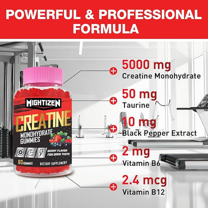 Creatine Monohydrate Gummies for Men & Women, Creatine for Women Chewables Creatine Monohydrate with Taurine & Vitamin B12, Pre-Workout Gummies for Max Strength, Energy & Endurance, Berry 60 Counts