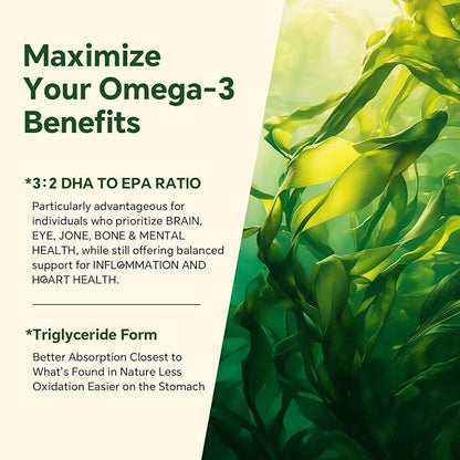 Vegan Omega 3 Gummies 1200mg - Dual Layer - Fish Oil Alternative, Marine Algae Omega 3 Supplement DHA 600mg, EPA 400mg with Astaxanthin,Sugar Free,60 Cts