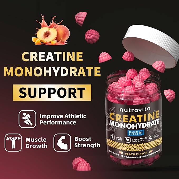 Creatine Monohydrate Gummies for Men & Women-5g of Creatine Monohydrate per Serving - Sugar Free,Vegan, Peach Flavor, 120 Count