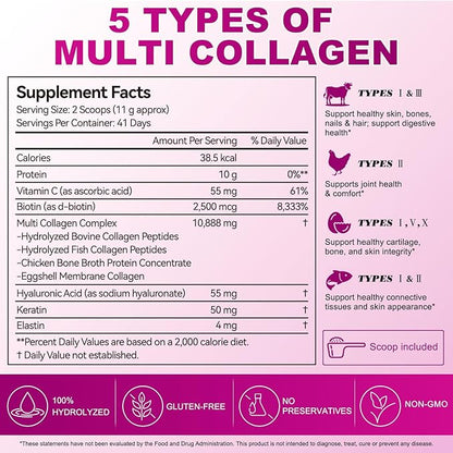 Multi Collagen Peptides Powder | Types I, II, III, V, X | 16 Oz (41 Servings) Hydrolyzed Collagen Peptides | Supports Healthy Skin, Joints, Hair, and Nails | Unflavored & Dissolves Easily