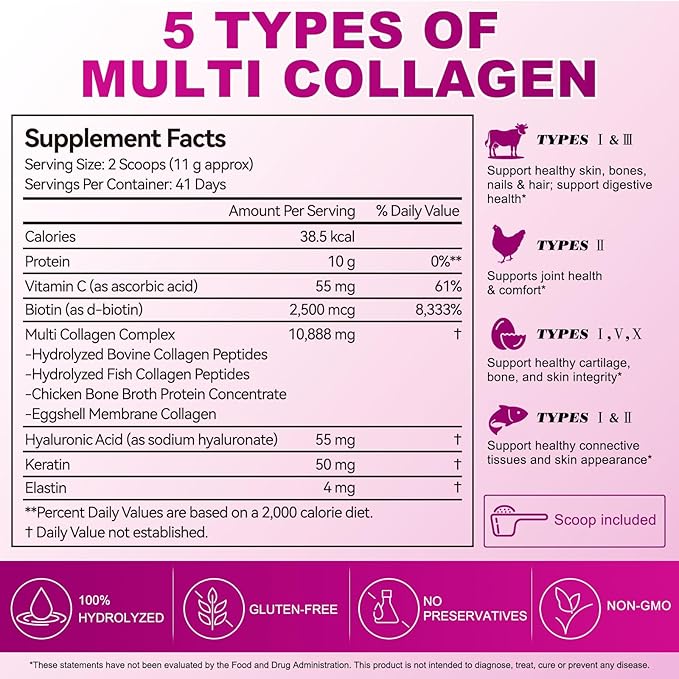 Multi Collagen Peptides Powder, 1lb – Types I, II, III, V, X | Hydrolyzed Collagen with Biotin, Vitamin C, Hyaluronic Acid, Keratin & Elastin | Supports Skin Hair Nail & Joint, Grass-Fed