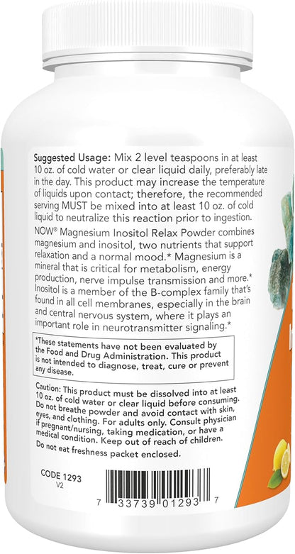 NOW Foods Supplements,powder Magnesium Inositol Relax, Nervous System Support*, Fizzy Lemonade Flavor, 16-Ounce