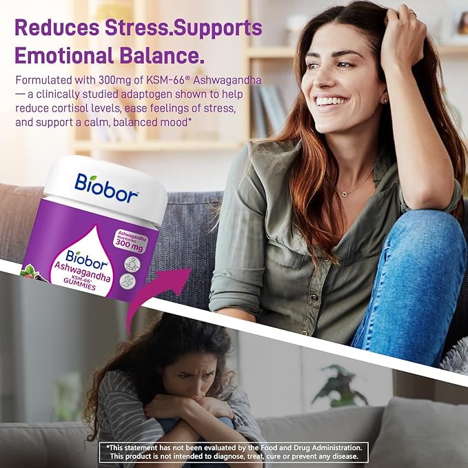 Biobor (2 Packs) Ashwagandha Gummies, KSM-66 Ashwagandha Root Extract with Vitamin D3, Relaxation Support & Immune Support for Adults - GMO Free, Gluten Free, 120 Count