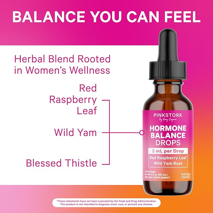 Pink Stork Hormone Balance Drops for Women - Supports Hormonal Health, PMS, Perimenopause & Mood, with Red Raspberry Leaf & Wild Yam - Liquid Supplement - Vegan, 2oz, 30 Servings