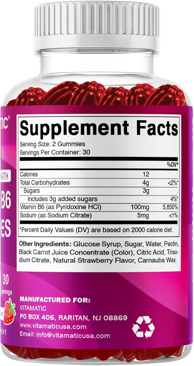 Vitamatic Vitamin B6 100mg - Berry Flavor - 60 Pectin Based Gummies - Supports Nervous System