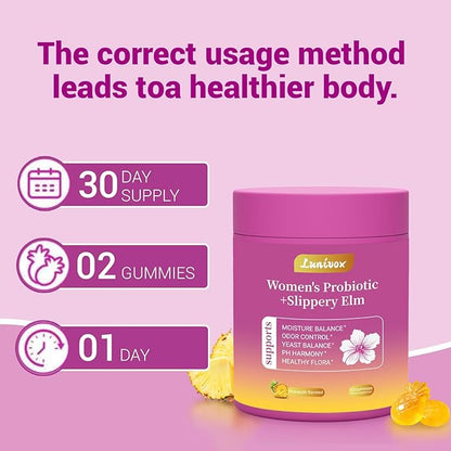 Her Juicy Feminine Probiotics Gummies for Women, with Prebiotics & Slippery Elm - Promotes pH Balance, Gut Health & Immune Support - Pineapple Flavor, 60 Count