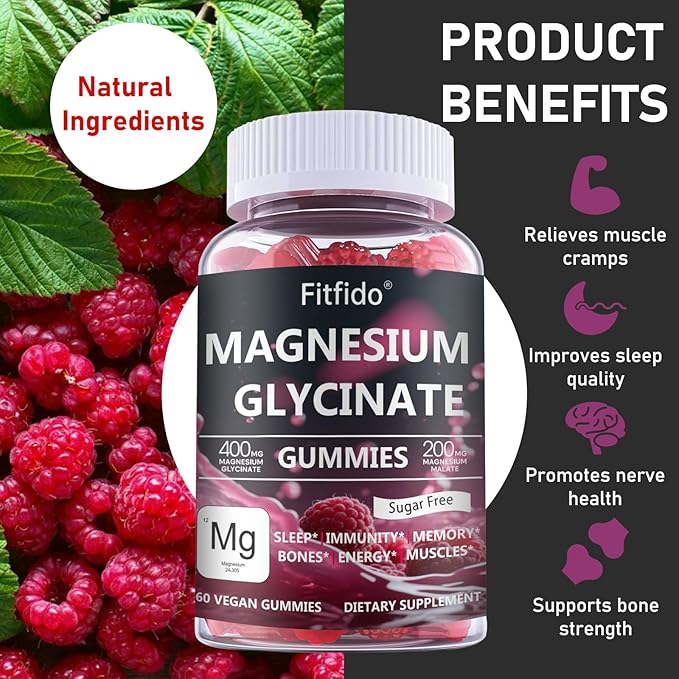 Magnesium Glycinate Gummies 400mg, Chewable Sugar Free Magnesium Supplement with Magnesium Glycinate, Magnesium Malate and Protein for Sleep, Relaxation, Brain & Muscle - Vegan (60 Count, Raspberry)
