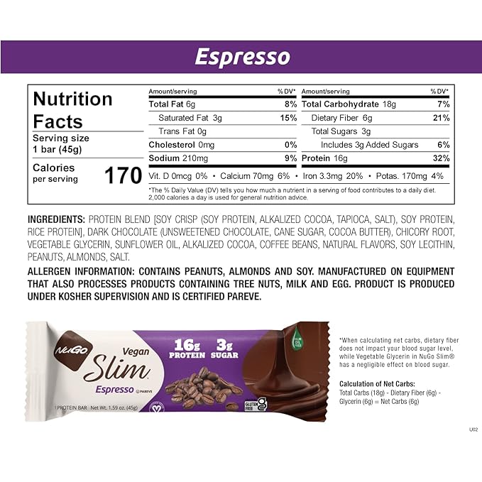 NuGo Slim Dark Chocolate Espresso, 16g Vegan Protein, 3g Sugar, 7g Fiber, Low Net Carb, Keto Friendly, Gluten Free, 12 Count