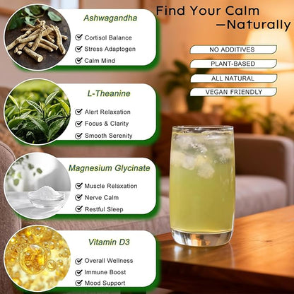 Cortisol Calm Drink Mix with Magnesium Glycinate Powder, L-Theanine, Vitamins, and Ashwagandha for Relaxation & Focus | Adaptogen Drink & Cortisol Support | 30 Packets (Lemon & Lime Flavor)