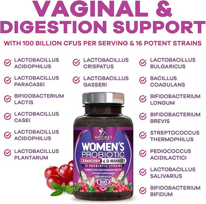 Probiotics for Women 100 Billion CFU Per Serving - 16 Unique Strains, Prebiotics Cranberry & Lactobacillus, PH Balance, Digestive & Gut Health, Vaginal & Immune Support Women's Probiotic, 120 Capsules