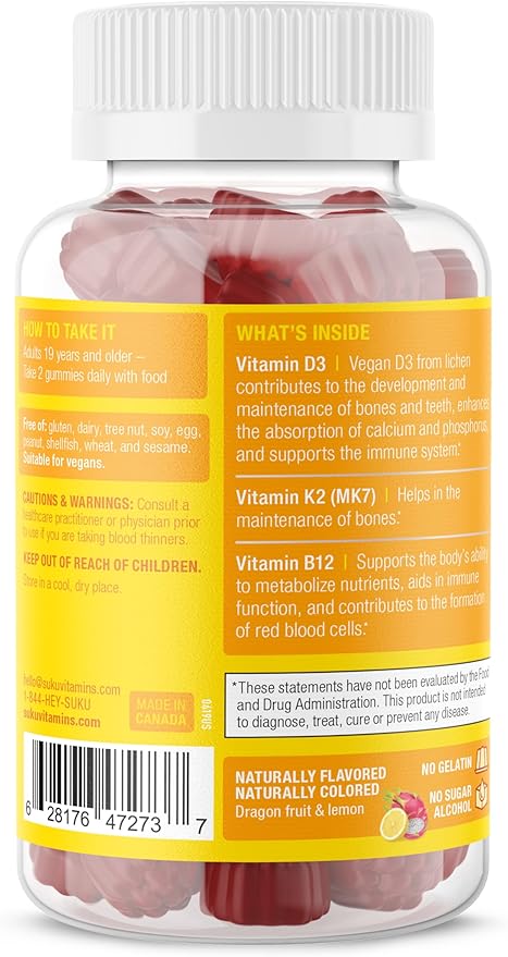 SUKU Vitamins Vegan D3 + K2 + B12 Sugar-Free & Sugar-Alcohol-Free Keto 2000IU Vitamin D Gummy Supplement for Healthy Bones, Immune Function, Healthy Metabolism, Lemon Dragon Fruit Flavor (50 Gummies)