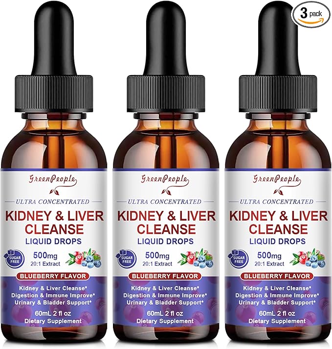 GREENPEOPLE Kidney Cleanse Detox & Repair - 27-In-1 Kidney & Liver Drops with 20:1 Cranberry Extract & Chanca Piedra, Alcohol-Free Supplement for Urinary Tract & Liver Support (2 Oz 3 Pack, Blueberry)