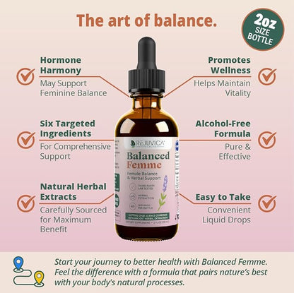 Rejuvica Health Balanced Femme - Advanced Female Balance Support Supplement - Liquid Delivery for Better Absorption - Vitex, Dong Quai, Black Cohosh, Maca Wild Yam & More!