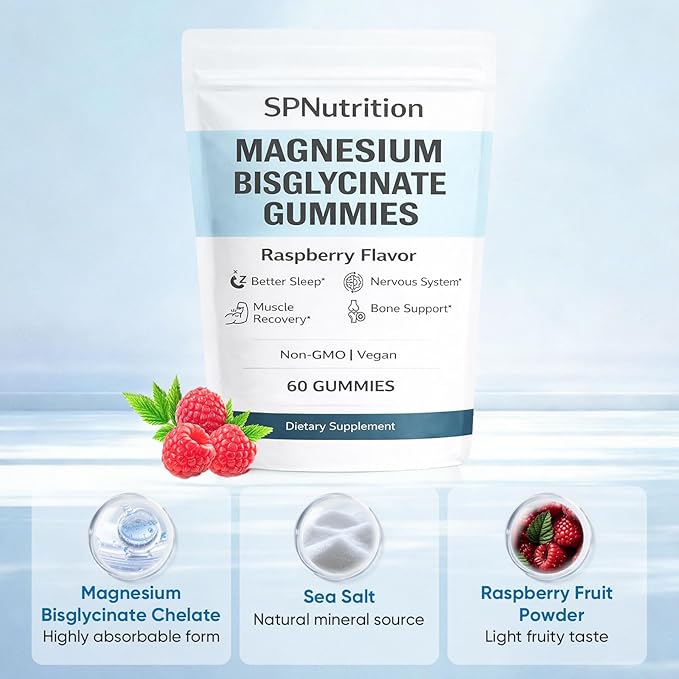 Spnutrition Magnesium Bisglycinate Gummies – Chelated Magnesium Supplement, Promotes Muscle & Nerve Function, Relaxation & Everyday Wellness – 60 Raspberry Gummies (1)