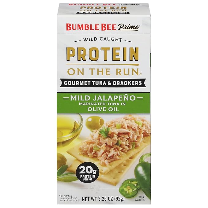 Bumble Bee Prime Protein on the Run Tuna Snack Kit - Gourmet Tuna Marinated in Olive Oil & Mild Jalapeno with Crackers and Serving Utensil - 20g of Protein Per Serving, Easy Open Can