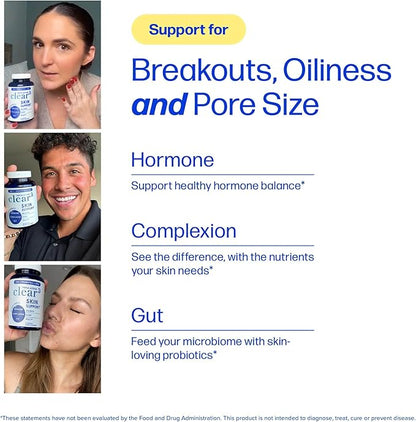Clear Skin Supplement with Zinc, DIM & Probiotics | 3-in-1 Balance, Glow & Health Skin Support | Triple Action Hyaluronic Acid, Niaciminide & Vitamins for Hormone, Complexion & Gut Support | 60 Ct