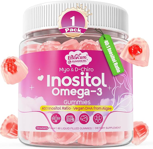 Myo-Inositol & D-Chiro Ideal 40:1, Inositol + Omega-3(3:1) Gummies, Hormone Balance for Women | Sugar Free Inositol Gummies w/Omega 3 DHA:EPA (3:1), Inositol Supplement for Cycle Health, Vegan, 60 Ct