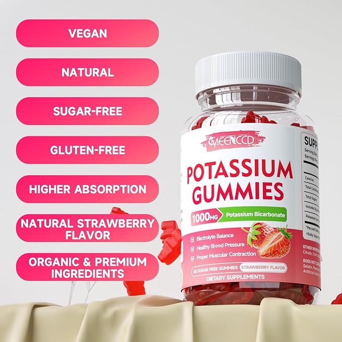 Potassium Gummies, Potassium Bicarbonate Supplement for Adults & Kids, Potassium Supplement for Electrolyte Balance & Muscle Heath, Sugar-Free, Strawberry Flavor, 60 Count