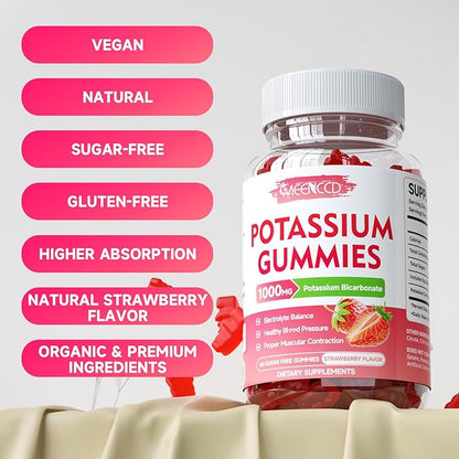 Potassium Gummies, Potassium Bicarbonate Supplement for Adults & Kids, Potassium Supplement for Electrolyte Balance & Muscle Heath, Sugar-Free, Strawberry Flavor, 60 Count