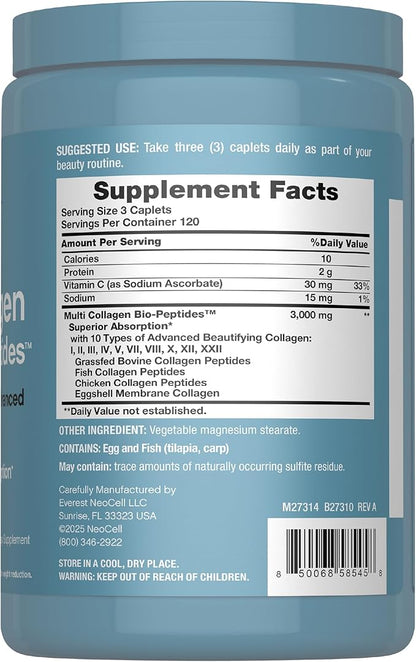 NeoCell Multi Collagen Peptides Pills | 360 Caplets | Superior Absorption | Types I, II, III IV, VIII, X, XII, XXII | for Women and Men