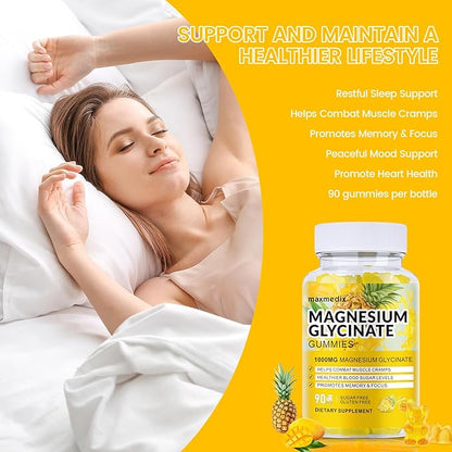 Magnesium Glycinate Gummies 1000mg, Sugar Free Magnesium Potassium Supplements Chewable for Adults with L-Threonate for Sleep, Body Support and Relaxation,90 Mango Pineapple Gummies