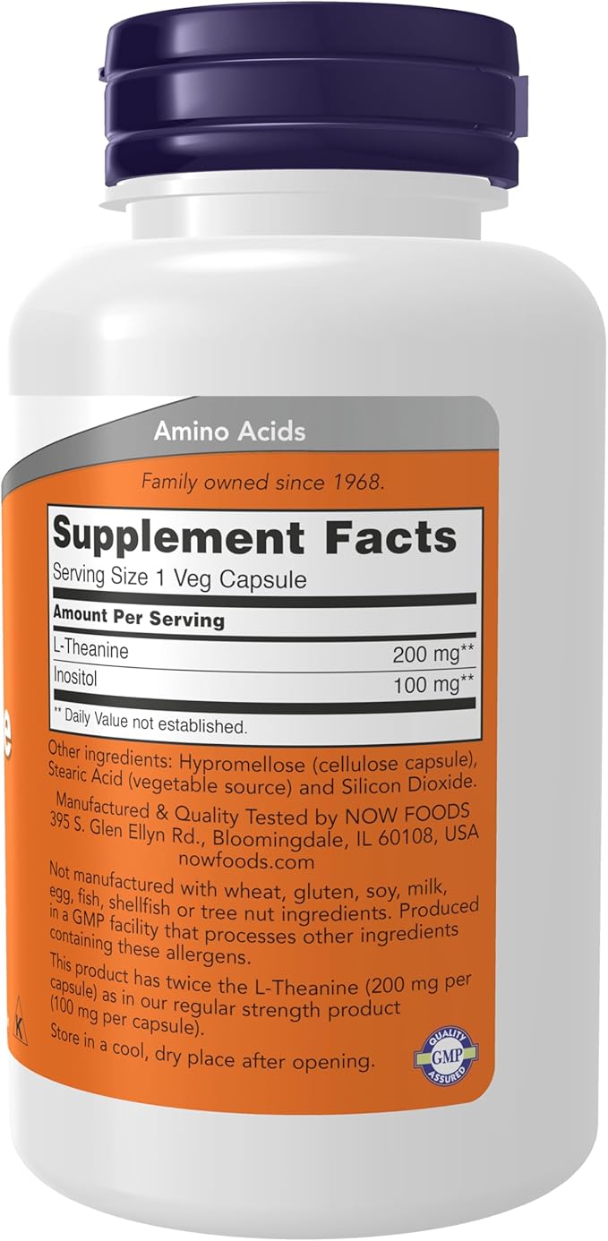 NOW Foods Supplements, L-Theanine 200 mg with Inositol, Stress Management*, 120 Veg Capsules