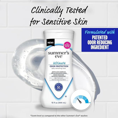 Summer's Eve Ultimate Odor Protection Daily Feminine Wash,pH-Balanced Formula Body Wash for Women with Boric Acid Helps Control Vaginal Odor,15 Fl Oz,(Pack of 3)