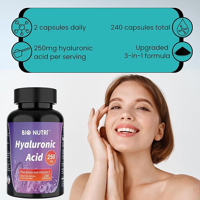 BIO NUTRI Hyaluronic Acid Supplements 250mg|240 Capsules，with Biotin 5000mcg & Vitamin C 25mg - Skin, Hair & Joint 3 in1 Support (1)