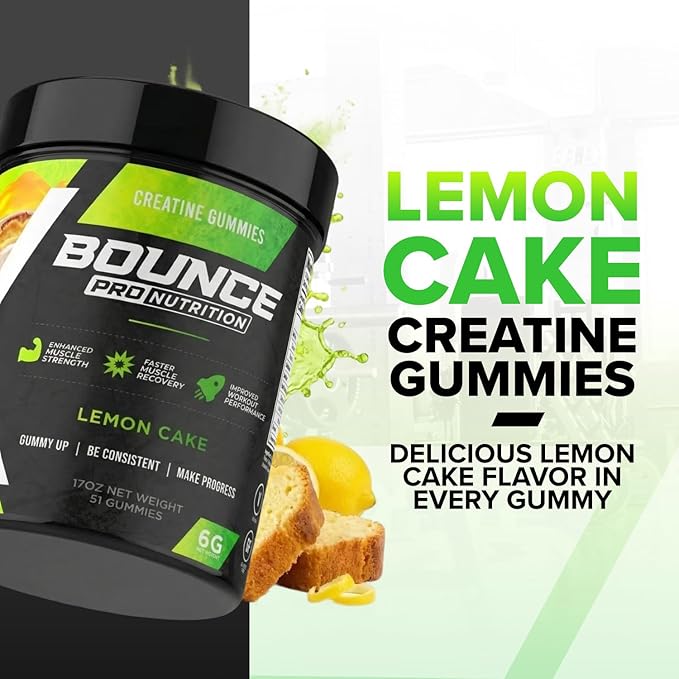 Bounce Pro Creatine Monohydrate Gummies for Men & Women, Low Calorie, 6G of Creatine per Serving, Vegan, Anti-Melting, Gluten-Free, Non-GMO (51 Count (Pack of 1), Lemon Cake)