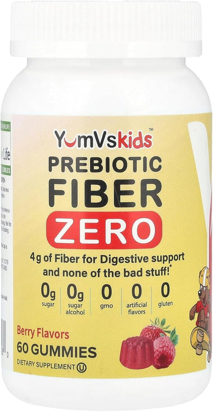 Prebiotic Fiber Zero Gummies for Kids by YumVs | Keto Sugar Free Gummy Chews for Toddlers |4g Fiber for Children Constipation Support | Natural Kosher Halal Berry Chewable 70 Count