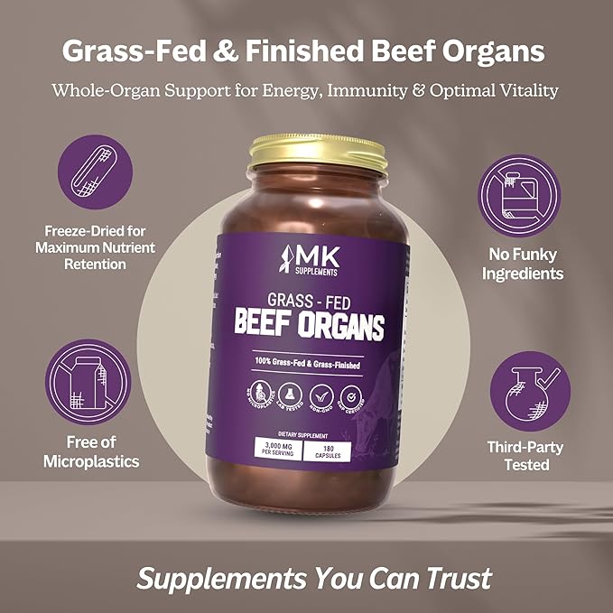 MK Supplements Grass-Fed Beef Organs Capsules | 5 Organs in Nature-Identical Ratios | B12, Copper & Heme Iron | Regeneratively Raised | 150 Capsules