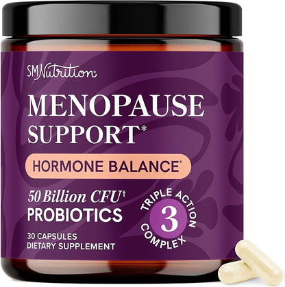 Menopause Support with Prebiotics and Probiotics for Women | Hormone Balance, Hot Flashes & Night Sweats | 50 Billion CFU, DIM & Black Cohosh | Triple Action Menopause Supplements for Women | 30 Ct