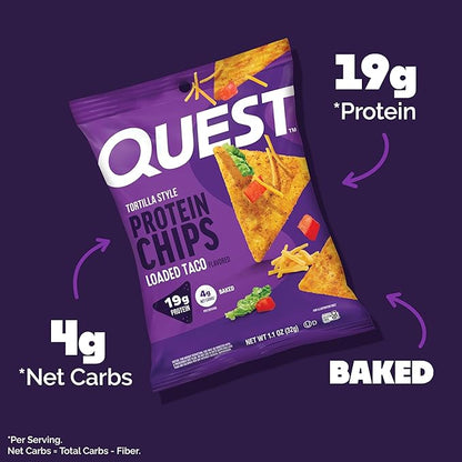 Quest Nutrition Loaded Taco Tortilla Style Protein Chips, 19g Protein, 4g Net Carb, Low Carb, Gluten Free, 1.1 oz (Pack of 12)