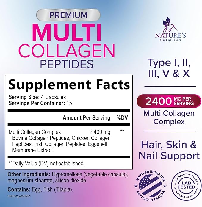 Multi Collagen Pills 2400 mg Per Serving - Advanced Types I, II, III, V, X - Hydrolyzed Multi Collagen Peptides Pills Supplement for Women & Men - Hair, Skin, & Nail Support Supplements - 60 Capsules
