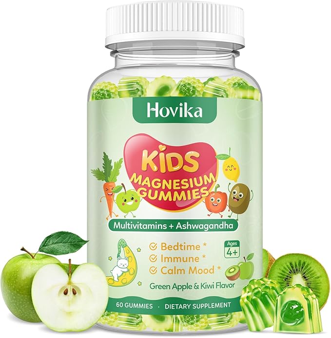 Magnesium Gummies for Kids - Magnesium Glycinate Gummies with L-Theanine, Chamomile & Multivitamins for Sleep, Calm & Focus - Green Apple & Kiwi Center-Filled Gummies 60 ct