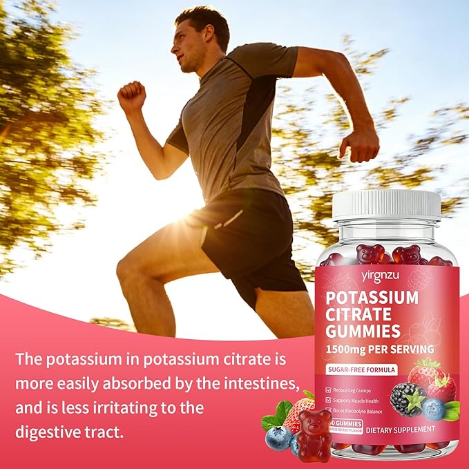 Potassium Citrate Gummies 1500mg, Potassium Supplement for Women & Men, Support Leg Cramps & Muscle Health, Vegan, Mixed Berry Flavor 60 Count