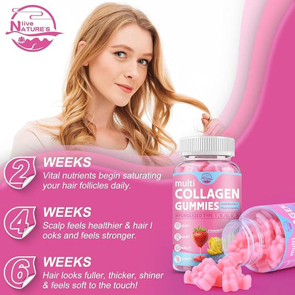 Multi Collagen Peptides Gummies, Type I, II, III, V, X - Hydrolyzed Collagen Peptides with Biotin, Hyaluronic Acid, Supports Healthy Skin, Strong Nails & Thick Hair, 60 Count, 1 Pack
