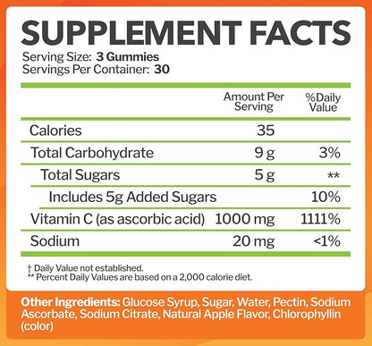 Vitamin C 1000mg Gummies (90 Count) - Maximum Strength Chewable Immune Support & Collagen Support for Adults & Kids - Natural Green Apple Flavor - Gluten Free, Non-GMO, Vegetarian - 90 Gummies